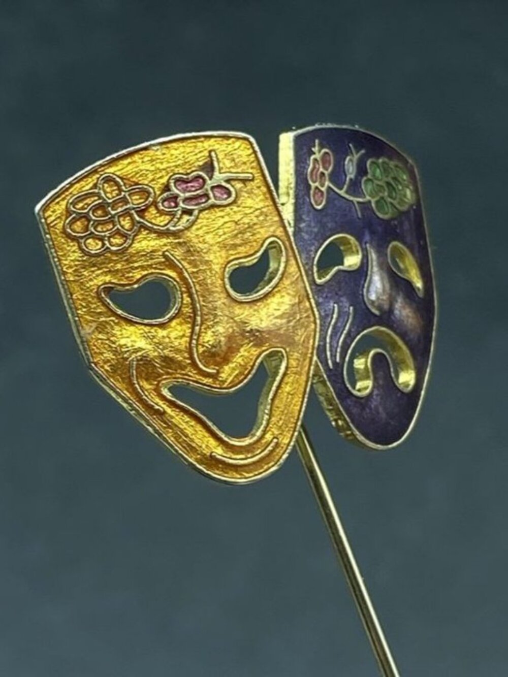 Comedy Tragedy Masks Cloisonné Enamel Stick Pin Vintage - Picture 6 of 9